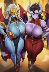 2girls ai_generated big_breasts blue_skin boobs boobs_bigger_than_head breasts breasts_bigger_than_head brunette cleavage cleavage_cutout colored_skin digimon digimon_(species) earrings female female/female female_focus female_only genderbend genderswap genderswap_(mtf) hand_on_hip horns humanized long_hair looking_at_viewer mask masked masked_female pointy_ears purple_skin rule_63 seven_great_demon_lords sweat sweating sweaty sweaty_body sweaty_breasts take_your_pick white_hair wings