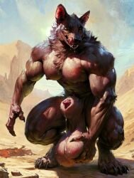 1boy ai_generated animal_genitalia animal_penis anthro anthro_only balls balls_grab ballsack bedroom_eyes big_balls brown_body brown_fur canid canine canine_genitalia canine_penis canis desert fluffy_balls furry furry_only grabbing_balls huge_balls hyper hyper_balls licking_lips looking_at_viewer male male_only mammal muscular muscular_male neck_tuft outside palekemono_(director) penis_tip precum seductive sheath solo solo_anthro solo_male squatting tongue wolf