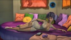 1girls 3d android bed big_breasts blue_hair breasts cleavage dress female female_only hand_on_hip high_heels indoors legs long_legs lying_down pillows short_hair six_(tripping_the_rift) solo tattoo thighs tripping_the_rift