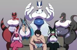 bbw big_breasts breasts cleavage dewwy_(dewwydartz) dewwydarts dewwydartz female huge_breasts krokorok lucario lugia mega_lucario mega_lucario_z meowscarada overweight pokemon pokemon_(species) pokemon_focus salazzle tagme thick_thighs tinkaton wide_hips