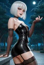 ai_generated black_lipstick black_nails blindparty blue_eyes choker corset crossdressing femboy garter_straps goth goth_boy hime_cut miniskirt night outside park short_hair skirt stockings trap white_hair