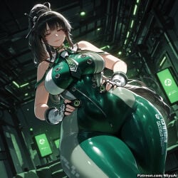 1girl ai_assisted ai_generated bangs bare_shoulders black_hair blush bodysuit breasts brown_eyes closed_mouth curvaceous curvy curvy_female curvy_figure earrings eve_(stellar_blade) eyebrows_visible_through_hair female fingerless_gloves gloves hair_ornament hands_on_hips large_breasts lips long_hair looking_at_viewer miyuai ponytail shiny_clothes smile solo stellar_blade thick thick_ass thick_butt thick_hips thick_legs thick_thighs thighs voluptuous voluptuous_female wide_hips wide_thighs