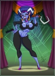 big_breasts black_clothing black_legwear black_topwear braindead_13 comb eltonpot hand_on_hip nipple_outline pink_heels pink_nails red_eyes red_lipstick sickle vivi_(brain_dead_13)