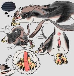 >_< 2026 absurd_res animal_genitalia animal_penis anus arm_tuft ass_up birdpaw_(artist) black_body black_feathers black_fur black_highlights black_tail black_talons black_wings blurred_text blush bodily_fluids brown_body brown_feathers brown_fur brown_hair brown_tail brown_wings countershading dragon elbow_tuft english_text equine_genitalia equine_penis eyes_closed fantasizing feathered_dragon feathered_scalie feathers feral fur furred_dragon furred_scalie fursona_(birdpaw) genital_fluids genital_slit genital_slit_penis genitals grin hair hand_on_own_face hi_res highlights_(coloring) imminent_footjob male male_feral multicolored_body multicolored_fur multicolored_tail multicolored_wings multiple_angles mythological_creature mythological_scalie mythology pancake_position penis pink_anus pink_penis precum red_penis scalie scutes sharp_teeth sheath smile solo tail tail_motion tailwag tapering_penis teeth text thought_bubble tuft wavy_mouth white_body white_countershading white_feathers white_fur white_tail white_wings wings yellow_hands yellow_scutes