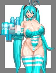 1girls blue_hair bunny_ears condom dildo hatsune_miku large_breasts onahole sex_toy solo thighhighs tissues vocaloid