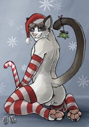 2024 accessory anthro anus armwear backsack balls barely_visible_genitalia barely_visible_penis bedroom_eyes black_claws blue_eyes brown_hair butt candy candy_cane christmas christmas_clothing christmas_headwear claws closed_smile clothed clothing crossdressing dated dessert domestic_cat felid feline felis food fur furgonomics genitals glistening glistening_eyes grey_background hair hat headgear headwear hi_res holidays hufnaar kneeling legwear looking_at_viewer looking_back looking_back_at_viewer male male_anthro mammal mouth_closed narrowed_eyes ornament pattern_armwear pattern_clothing pattern_legwear pawpads penis perineum pink_anus pink_nose pink_pawpads pink_penis red_armwear red_clothing red_hat red_headwear red_legwear santa_hat seductive short_hair simple_background slim_anthro slim_male smile smiling_at_viewer smirk smirking_at_viewer solo striped_armwear striped_clothing striped_legwear stripes tail tail_accessory tail_ornament toe_claws whiskers white_armwear white_balls white_body white_clothing white_fur white_legwear white_perineum