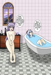 2d 2girls bathing bathroom bathtub comic comic_page ganyu_(genshin_impact) genshin_impact keqing_(genshin_impact) nude text text_bubble