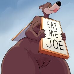 1:1 2026 anthro areola bear black_nose breasts brown_body brown_eyes brown_fur claws crossgender english_text female fur genitals half-closed_eyes hi_res jerky_turkey_(1945) lipstick lonbluewolf looking_at_viewer looking_down looking_down_at_viewer low-angle_view makeup mammal metro-goldwyn-mayer narrowed_eyes nipples solo tex_avery text thick_thighs vulva wearing_sign