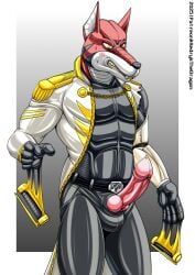 actor animal_genitalia animal_penis anthro bound canid canine canine_genitalia canine_penis clothing costume dayne_(power_rangers) encasement genitals hi_res latex male mammal penis permanent permanent_transformation solo suit transformation