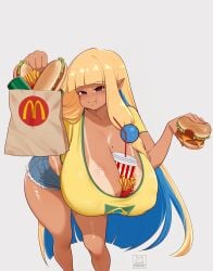 1girls angel beauty_mark big_breasts blonde_hair blue_eyes blue_hair brazilian brazilian_female breasts burger cleavage eating elf elf_ears elf_female food frogart1 halo huge_breasts large_breasts mcdonald's milf sagging_breasts shorts solo tan_body tan_skin tank_top two-tone_hair xaessya