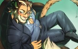absurd_res anthro big_penis bulge cheetah clothing felid feline genitals hi_res lion male mammal muscular muscular_male olenchik pantherine penis solo suit tarry_albaz_(paillanos)