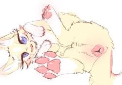 2026 animal_genitalia animal_vulva blue_eyes canid canine canine_genitalia canine_vulva canis digital_drawing_(artwork) digital_media_(artwork) domestic_dog eyelashes female female_feral feral flat_colors fur genitals hi_res leg_markings long_eyelashes lunargent lying mammal markings multicolored_body multicolored_fur on_side paws pink_vulva presenting presenting_vulva quadruped side_view simple_background socks_(marking) solo tail two_tone_body two_tone_fur vulva white_background white_body white_fur yellow_body yellow_fur