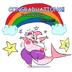 anthro barbequechicken breasts female huge_breasts marine motion_lines pink_eyes rainbow shark sharp_teeth star text thick_thighs wide_hips