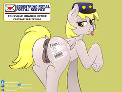 1girls 2019 anatomically_correct anus ass bedroom_eyes blonde_hair clothing derpy_hooves female female_only feral friendship_is_magic grey_skin hair half-closed_eyes hat headgear headwear invalid_tag kumas_corner looking_back mail my_little_pony nude pegasus pony presenting pussy seductive simple_background solo tongue tongue_out