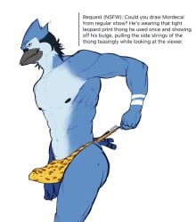 allstarfall animal_print anthro avian beak bedroom_eyes bird blue_body blue_fur blue_jay bodily_fluids bulge cartoon_network clothed clothing clothing_pull corvid dark_nipples english_text fur gay gay_anal genital_fluids hi_res homosexual homosexual_male jay_(bird) leaking_precum looking_at_viewer male male_focus male_only male_penetrated male_penetrating mordecai_(regular_show) muscular narrowed_eyes new_world_jay oscine passerine precum precum_through_clothing precum_through_underwear regular_show seductive simple_background solo tenting text thong thong_only tight_underwear topless underwear underwear_only underwear_pull wet wet_clothing white_background