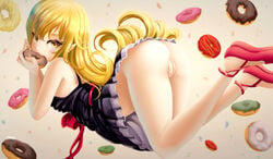 ass black_dress blonde_hair blurry clothing depth_of_field dkoro doughnut dress eating female flipped_hair food holding holding_food long_hair looking_at_viewer monogatari_(series) oshino_shinobu pink_footwear pointy_ears pussy shoes slit_pupils solo spaghetti_strap uncensored very_long_hair yellow_eyes