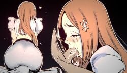 ass assjob bleach buttjob cheating cum cum_in_mouth deepthroat inoue_orihime netorare oral orange_hair sitting_on_lap white_dress xandredarium