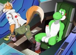 absurd_res anthro arwing balls big_balls blush boots canid canine chair clothing duo erection footwear foreskin fox fox_mccloud furniture genitals green_yoshi hi_res humanoid_genitalia humanoid_penis jacket male male/male mammal mario_bros nintendo penis pilot raised_tail screen shoes sitting star_fox stepping_down tail throbbing topwear torn_clothing tyrrando yoshi