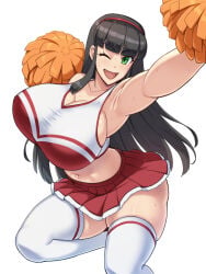 1girl :d ;d armpits bare_arms black_hair blunt_bangs breasts cheerleader cleavage foreshortening green_eyes hairband huge_breasts huge_butt kawanuma_uotsuri large_breasts long_hair looking_at_viewer one_eye_closed open_mouth original pleated_skirt pom_pom_(cheerleading) red_hairband red_shirt red_skirt shirt sidelocks simple_background skirt smile solo standing standing_on_one_leg sweat thighhighs two-tone_shirt white_background white_shirt white_thighhighs