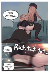 1boy 1girl 2koma absurdres ass black_thighhighs brown_hair butt comic commander_(nikke) commentary english english_dialogue face_in_ass from_behind goddess_of_victory:_nikke highres hinghoi on_knee rapi_(nikke)