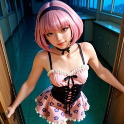 ai_generated classroom corset dress from_above lazytown petite petite_female pink_hair short_hair stephanie_meanswell teasing
