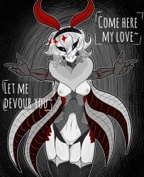 abstract_background absurd_res anthro areola arthropod black_body breasts brown_body dialogue english_text female fingers front_view genitals gothgator0 grey_body hi_res humanoid_genitalia humanoid_hands humanoid_vulva insect lepidopteran looking_at_viewer medium_breasts medium_hair moth navel nipples non-mammal_breasts non-mammal_navel non-mammal_nipples nude nude_anthro nude_female portrait red_body restricted_palette solo standing talking_to_viewer text three-quarter_portrait vore_invitation vulva