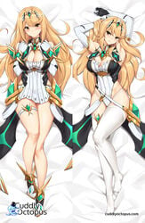 1girls armor armpits arms_up bangs bare_shoulders bed_sheet big_breasts blonde_hair blush breasts cleavage cleavage_cutout commentary cuddly_octopus dakimakura dakimakura_design dress elbow_gloves english_commentary eyebrows_visible_through_hair finger_to_mouth fingerless_gloves forehead_jewel frown full_body gem gloves hair_between_eyes hair_ornament hand_in_hair head_tilt headpiece highleg highleg_leotard highres jewelry large_breasts legs leotard long_hair looking_at_viewer lying multiple_views mythra_(xenoblade) nintendo on_back pose swept_bangs thigh_gap thigh_high_boots thigh_strap thighhighs thighs tiara tony_guisado undressing v-shaped_eyebrows very_long_hair white_dress white_gloves white_legwear xenoblade_(series) xenoblade_chronicles_2 yellow_eyes