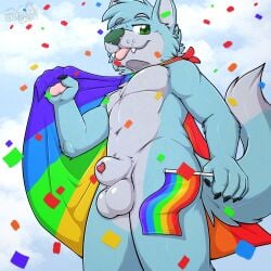 1:1 2026 absurd_res animal_genitalia anthro balls biped blep blue_body blue_ears blue_fur blue_hair blue_tail canid canine canis cape clothing confetti dipstick_tail donovan_dmc eyebrows fangs flag flag_(object) fur gaokun gay gay_anal genitals green_eyes green_nose grey_balls grey_body grey_eyebrows grey_fur grey_sheath grey_tail hair hi_res homosexual homosexual_male lgbt_pride lipsticking looking_at_viewer male male_focus male_only male_penetrated male_penetrating mammal markings monotone_hair multicolored_body multicolored_cape multicolored_clothing multicolored_fur nude_anthro nude_male pawpads penis penis_tip pink_pawpads pride_colors rainbow_cape rainbow_clothing rainbow_flag rainbow_pride_flag rainbow_symbol sheath solo tail tail_markings teeth tongue tongue_out two_tone_body two_tone_fur two_tone_tail watermark wolf