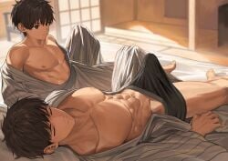 2boys abs bare_breasts big_bulge breasts brother brothers brown_eyes brown_hair bulge bulge_through_clothing collarbone duo erection erection_under_clothes futon gay genital_outline hi_res indoors japanese_clothes japanese_room kimono legs_apart lying lying_on_back lying_on_bed male male/male male_only mature_male morning_wood muscles muscular muscular_male navel nayoshi_(r-744) open_clothes original original_character pecs short_hair six_pack sleeping striped_clothing sunlight yaoi yukata