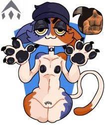 4_fingers anthro areola beanie black_areola black_beanie black_claws black_clothing black_eyeshadow black_hat black_headwear black_nipples blue_background blue_body blue_fur brown_body brown_fur cat_smile cheek_tuft choker claws clothing domestic_cat ears_down epic_games eyelashes eyeshadow facial_tuft felid feline felis female fingers flat_chested fortnite front_view fur genitals hat headgear headwear hi_res jewelry looking_at_viewer makeup mammal meow_skulls mschaox6 navel necklace nipples pawpads pivoted_ears pubes simple_background solo speech_bubble tan_body tan_fur thick_thighs tuft vulva white_background wide_hips yellow_eyes