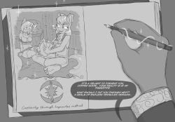 anthro apple_bloom_(mlp) bdsm big_feer bondage book bound bound_female braided_hair braided_pigtails caroo clothing copper_moon dialogue dominant dominant_female duo earth_pony english_text equid equine exclamation_point fan_character feet female female/female fountain_pen friendship_is_magic gag hair hasbro hi_res horse magic mammal monochrome my_little_pony pen pony sock_gag text trapped