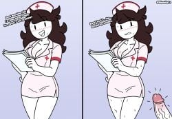 2koma big_breasts blush brown_hair cleavage cock english_text happy imminent_rape imminent_sex jaiden jaiden_animations jaidenanimations legs minmiarts nurse nurse_cap nurse_uniform penis simple_background text veiny_penis worried worried_expression