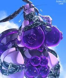 4_legs 5_fingers absurd_res ant antennae_(anatomy) anthro arthropod arthropod_abdomen atsuko_021 bell bell_collar belt big_breasts breasts cloud collar eyelashes female fingers genitals glistening heart_symbol hi_res honeypot_ant huge_breasts hymenopteran hyper hyper_genitalia hyper_vulva insect inverted_nipples looking_at_viewer lunar_(atsuko_021) mandibles multi_limb narrowed_eyes nipples nude open_mouth pink_body pink_eyes plump_labia purple_body purple_eyes purple_nipples segmented_body sky solo thick_thighs translucent vulva wide_hips