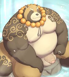 anthro balls beartouma_0517 canid canine flaccid foreskin gyobu hi_res humanoid_penis jewelry male male_only mammal musclegut necklace nipples nude overweight pecs penis raccoon_dog scar solo tanuki tattoo tokyo_afterschool_summoners video_games