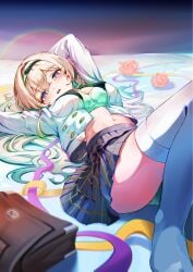 1girls bra breasts female firefly_(honkai:_star_rail) firefly_(spring_missive)_(honkai:_star_rail) green_bra green_panties green_underwear honkai:_star_rail honkai_(series) hoyoverse long_hair lying lying_on_back lying_on_bed medium_breasts mihoyo multicolored_eyes multicolored_hair open_clothes open_shirt panties pantyshot pantyshot_(lying) school_uniform schoolgirl thighhighs underwear upskirt white_thighhighs
