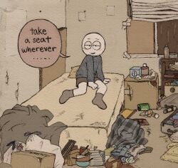 1boy absurdly_detailed_composition absurdres alex_(homie) bald blush box cardboard_box clothes_on_floor colored_skin commentary english_commentary english_text full_body highres homunculus100 looking_at_viewer male_focus messy_room no_nose on_bed original paper_texture shorts sitting socks solo sweater trash_bag white_skin