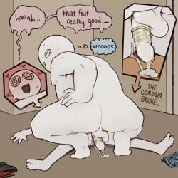 2boys @_@ after_sex alex_(homie) ass bald big_guy_(homie) black_shirt blush broken_condom clothes_on_floor colored_skin condom condom_on_penis cum cumdrip english_commentary english_text from_behind full_body highres homunculus100 male_focus multiple_boys no_nose open_mouth original penis shirt smile speech_bubble sweat testicles thought_bubble unworn_clothes used_condom white_skin yaoi
