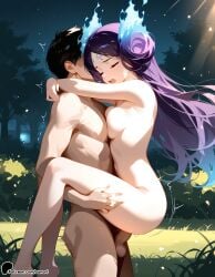 1boy 1girl ai_generated barefoot black_hair breast_press breasts brighid_(xenoblade) bush carrying closed_eyes facial_mark fiery_hair fire forehead_mark forest grass hetero lightning long_hair medium_breasts motion_lines nature night nude open_mouth outdoors penis plant sex sideboob sky standing standing_sex sunori tree trembling twitching uncensored xenoblade_(series) xenoblade_chronicles_2