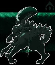 alien alien_(franchise) anus big_breasts big_butt black_body black_nipples bodily_fluids breasts butt elongated_head eyeless female genital_fluids genitals hi_res humanoid looking_at_viewer looking_back looking_back_at_viewer mschaox6 nipples rear_view smile solo tail tail_ridge thick_thighs vaginal_fluids vulva wide_hips xenomorph