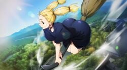 1girl ai_assisted architecture ass bell big_ass big_butt black_dress blonde_hair blue_dress blue_eyes blue_sky broom broom_riding brown_footwear bubble_ass bubble_butt choker collarbone day dress east_asian_architecture edit edited edited_official_artwork flying forest full_body huge_ass huge_butt jujutsu_kaisen lake landscape lens_flare long_hair looking_at_viewer momo_nishimiya mountain multi-tied_hair nature nishimiya_momo open_mouth outdoors round_ass round_butt short_sleeves sky smile solo tree twintails witch