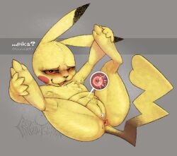 anthro anus armpit_hair belly bodily_fluids body_hair chest_tuft cryptidfelinoid cum cum_in_vagina cum_inside dark_sclera dialogue digitigrade english_text female fur generation_1_pokemon genital_fluids genitals grey_background heart_symbol heart_tail impregnation logo looking_at_viewer lying mammal nintendo no_sclera on_back open_mouth ovum ovum_with_heart paws pikachu pokemon pokemon_(species) pokemon_speak presenting presenting_anus presenting_vulva pubes rodent simple_background smug solo spread_legs spreading tail text translation_within_image tuft vulva yellow_body yellow_fur