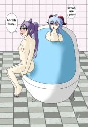 2d 2girls bathing bathroom bathtub comic comic_page ganyu_(genshin_impact) genshin_impact keqing_(genshin_impact) nude pee peeing peeing_in_bath piss pissing text text_bubble urination urine