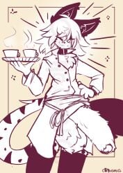 2026 absurd_res anthro balls big_balls big_penis bottomwear caeleste chest_tuft clothing collar confident container crossdressing crossdressing_(mtf) crossdressing_male cup erection erection_under_skirt felid feline femboy fluffy_balls fluffy_foreskin fluffy_penis foreskin fur furry_foreskin furry_penis gay gay_anal genitals glans glowing hi_res homosexual homosexual_male huge_balls huge_penis humanoid_genitalia humanoid_penis looking_at_viewer male male_anthro male_focus male_only male_penetrated male_penetrating mammal niles_(caeleste) penis serval server server_tray skirt solo striped_body striped_fur stripes tail tuft yellow_theme