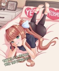 built_for_bbc doki_doki_literature_club looking_at_viewer monika_(doki_doki_literature_club) moritaris on_bed yes-no_pillow