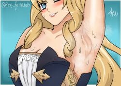 armpits arms_up big_breasts blonde_female blonde_hair blue_eyes dress genshin_impact navia_(genshin_impact) smiling sweat sweating