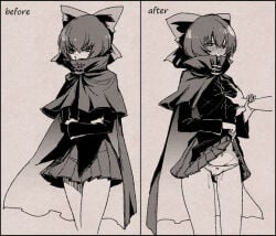 1boy 1girl 1girls bare_arms bare_legs bare_thighs before_and_after black_and_white black_shirt blush blush_lines blushing blushing_at_viewer bow bow_panties bowtie cape capelet cloak crossed_arms disembodied_arm disembodied_hands full_face_blush greyscale groping groping_breast groping_breasts guided_breast_grab hair_bow hair_ribbon half-closed_eyes heavy_blush horny horny_expression horny_face horny_female lifted_by_self lifting lifting_own_clothes lifting_own_skirt lifting_skirt long_sleeves miniskirt monochrome panties plated_skirt ribbon sekibanki serious serious_expression serious_face serious_look short_hair skirt skirt_lift small_breasts smile smiley_face tagme thighs touhou urin vagina_juice vaginal_fluids wet wet_pussy white_panties