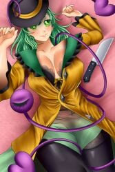 1girl big_breasts black_hat black_thighhighs bra bra_peek butcher_knife child_bearing_hips closed_eye garter_straps green_eyes green_hair green_skirt hat heart_of_string knife koishi_komeiji large_breasts laying_down laying_on_bed lingerie medium_hair milkers mommy_milkers pink_background pinup_pose satori_(species) smile thick_thighs thighhighs third_eye_(touhou) touhou wheelerfortune wide_hips yellow_shirt