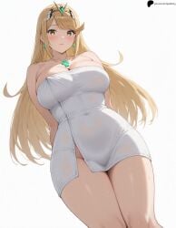 1girl 1girls ai_generated armpit_crease arms_behind_back blonde_hair blush breasts closed_mouth collarbone covered_navel hi_res high_quality high_resolution highres large_breasts legs_together light lips long_hair looking_at_viewer mythra mythra_(xenoblade) nose opal_nemy patreon_logo patreon_url patreon_username plain_background self_upload shadow shiny shiny_hair shiny_skin shy simple_background solo standing thighs towel watermark wet_towel white_background white_towel xenoblade_(series) xenoblade_chronicles_2 yellow_eyes
