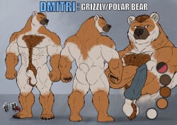 2024 abs animal_genitalia anthro balls bear belly_hair body_hair brown_body brown_eyes brown_fur brown_hair chest_hair color_swatch crossed_arms dated dmitri_yetsin_(fenrir_garou) english_text front_view fully_sheathed fur genitals glistening glistening_eyes hair hi_res hufnaar male male_anthro mammal model_sheet mouth_closed muscular muscular_anthro muscular_male nude pecs pubes rear_view sheath short_hair simple_background solo standing text white_balls white_body white_fur white_sheath