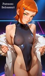 aged_up ai_generated ben_10 blush bodysuit erect_nipples exposed exposed_breasts green_eyes gwen_tennyson high_cut leotard looking_at_viewer mature_female paid_reward_available patreon petite red_hair sebassart see-through sexy short_hair slim slim_waist smile solo spandex sweat thick_thighs thin_waist tight_clothing tight_clothing_fetish tight_fit wet